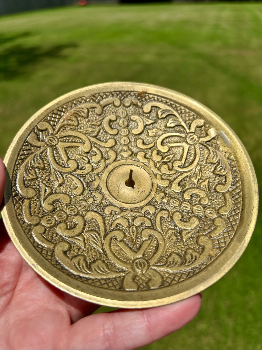 Vintage Brass Candle Holder Dish with Etched Floral Relief GUC